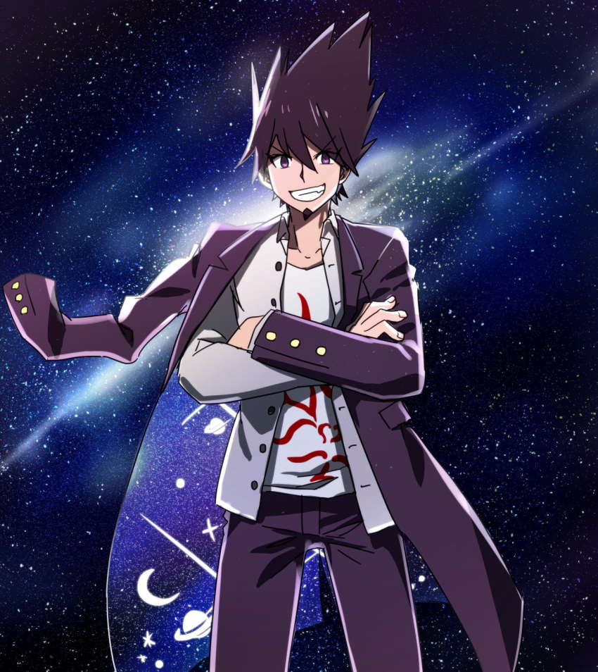 1boy beard dangan_ronpa facial_hair goatee highres jacket jacket_on_shoulders male_focus momota_kaito new_dangan_ronpa_v3 open_mouth pants poppo16 purple_hair school_uniform shirt short_hair simple_background smile space_print spiky_hair starry_sky_print violet_eyes