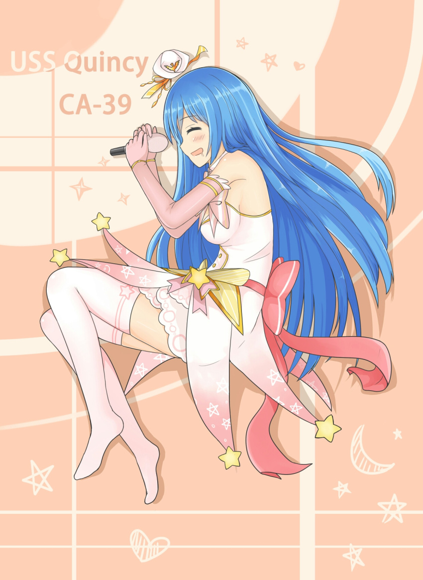 1girl bare_shoulders blue_hair blush breasts burning_(wjxwjx81) character_name closed_eyes crescent_moon_symbol dress elbow_gloves from_above from_side gloves hair_spread_out hands_up hat hat_removed headwear_removed heart highres holding holding_microphone idol imagining knees_up legs_together long_hair lying microphone mini_hat no_shoes on_side open_mouth pink_dress pink_gloves pink_legwear profile quincy_(zhan_jian_shao_nyu) red_sash ribbon saliva sideboob simple_background sleeveless sleeveless_dress smile solo star star_print thigh-highs two-handed zhan_jian_shao_nyu