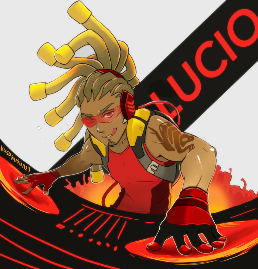 1boy alternate_color artist_name beard character_name dark_skin dj facial_hair fingerless_gloves gloves grey_background hairlocs headphones long_hair lucio_(overwatch) male_focus overwatch ponytail red_eyes solo sunglasses tattoo teeth tongue tongue_out upper_body
