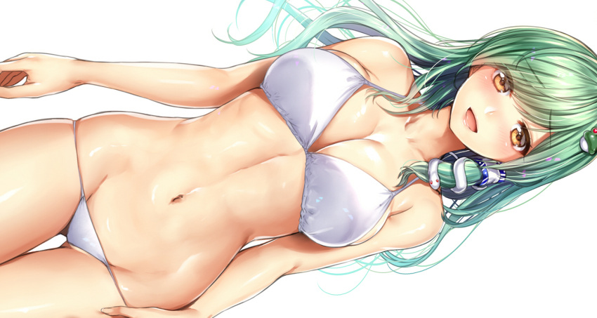 1girl bikini blush breasts cleavage dutch_angle gluteal_fold green_eyes groin hair_ornament hair_tubes kanzaki_maguro kochiya_sanae large_breasts long_hair looking_at_viewer lowleg lowleg_bikini navel simple_background smile snake_hair_ornament solo standing stomach swimsuit thigh_gap touhou wavy_hair white_background white_bikini