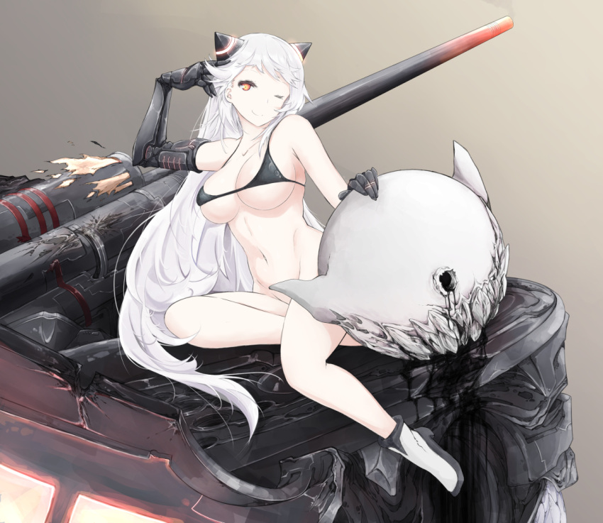 10s 1girl airfield_hime boots breasts cleavage collarbone high_heel_boots high_heels kantai_collection large_breasts long_hair looking_at_viewer one_eye_closed red_eyes sitting smile solo swimsuit white_boots white_hair yam-potong