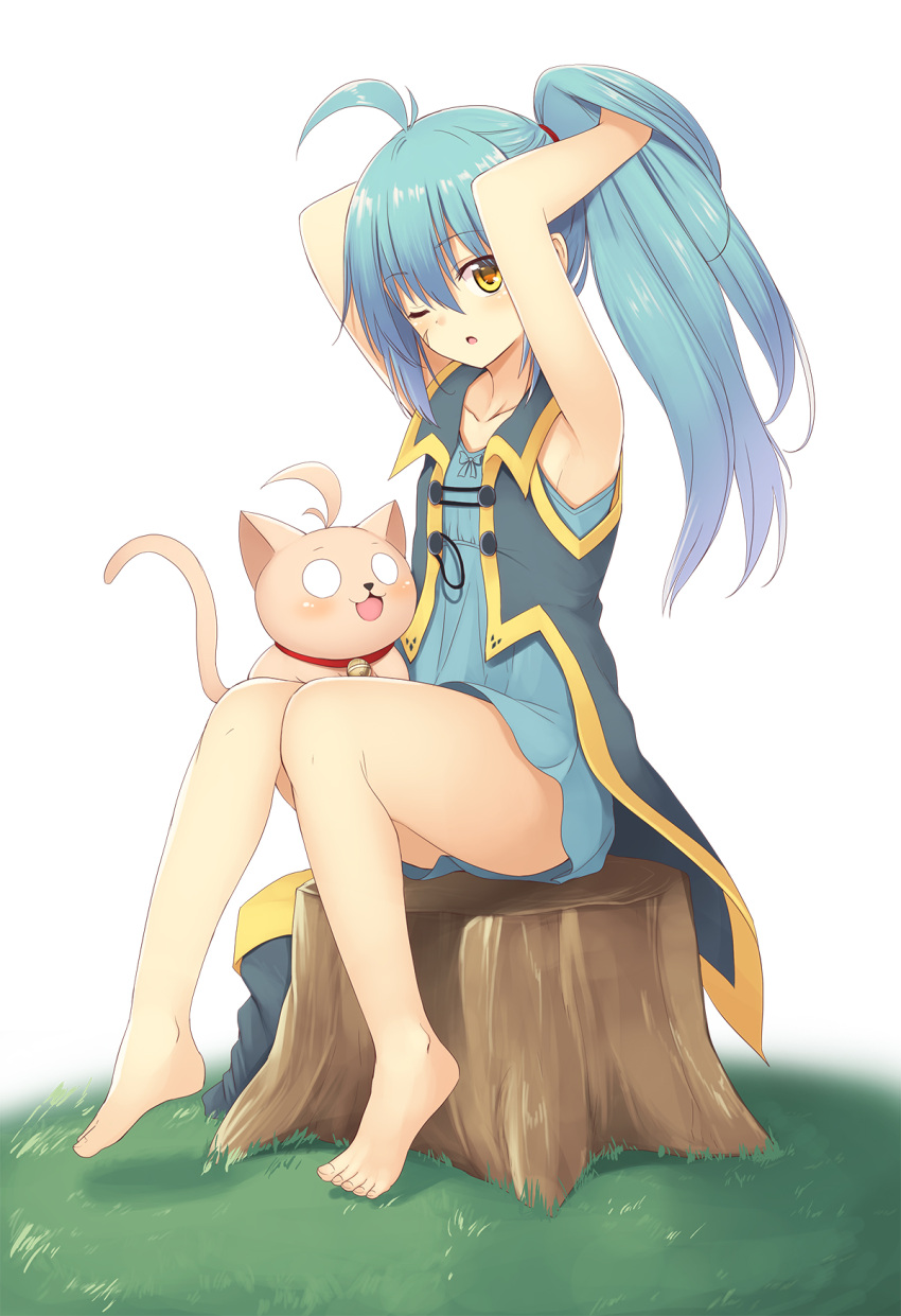 1girl ;o adjusting_hair ahoge alternate_hairstyle animal animal_on_lap armpits arms_up bangs bare_arms bare_legs bare_shoulders barefoot bell bell_collar blue_dress blue_hair blue_ribbon cat collar collarbone commentary_request dress eyebrows_visible_through_hair flat_chest full_body grass hair_between_eyes hair_tie hand_in_hair high_ponytail highres jingle_bell long_hair looking_at_viewer looking_to_the_side mahcdai o_o one_eye_closed original outdoors planol_note ponytail ribbon scar_on_cheek shiny shiny_hair short_dress side_glance sitting sleeveless sleeveless_dress sleeveless_jacket toenails tree_stump white_background yellow_eyes