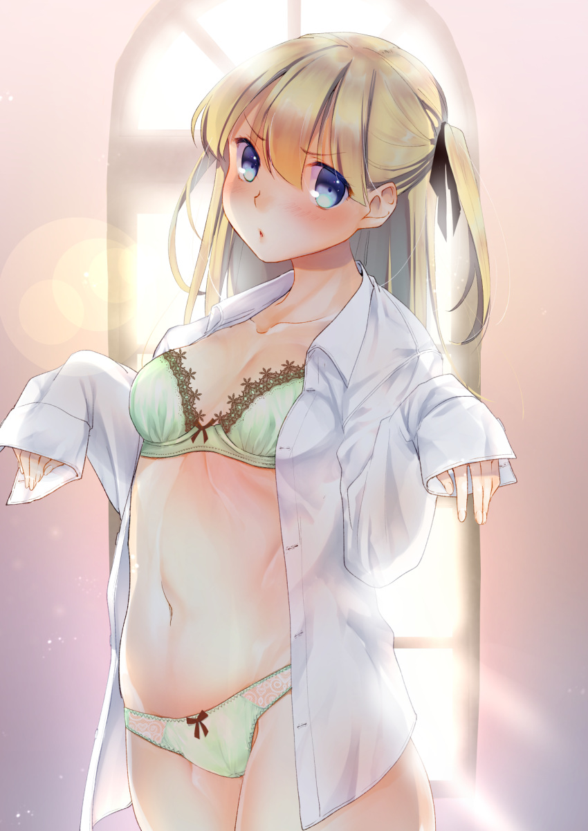 1girl 31_(poping31) aqua_bra aqua_panties arms_at_sides backlighting blonde_hair blouse blush bow bra breasts collarbone commentary_request cowboy_shot eyebrows_visible_through_hair frown groin hair_between_eyes hair_bow highres indoors lips long_hair long_sleeves medium_breasts midriff navel open_blouse open_clothes original panties parted_lips thighs twintails unbuttoned underwear underwear_only white_blouse