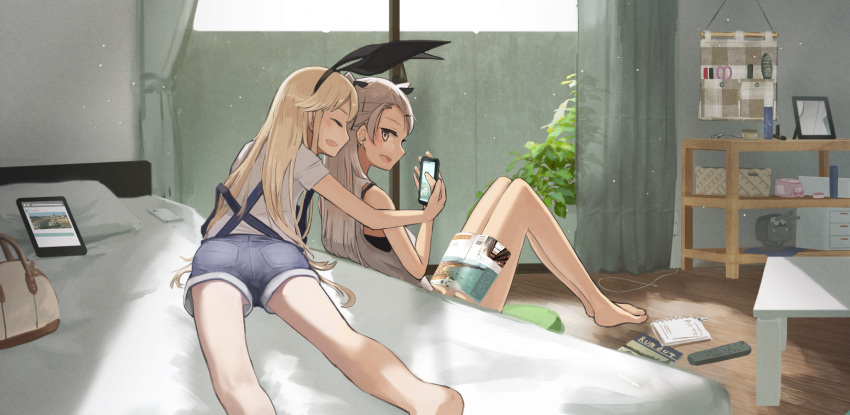 10s 2girls alternate_costume amatsukaze_(kantai_collection) bag barefoot bedroom blonde_hair bow casual cellphone controller earrings epitaph_(1122) hair_bow hair_brush happy highres indoors jewelry kantai_collection laughing light_particles long_hair looking_back lying magazine mirror multiple_girls notepad on_bed on_stomach overall_shorts overalls phone power_cord remote_control rensouhou-kun scissors shadow shimakaze_(kantai_collection) shirt silver_hair sitting sleeveless sleeveless_shirt smartphone smile table tablet window wooden_floor