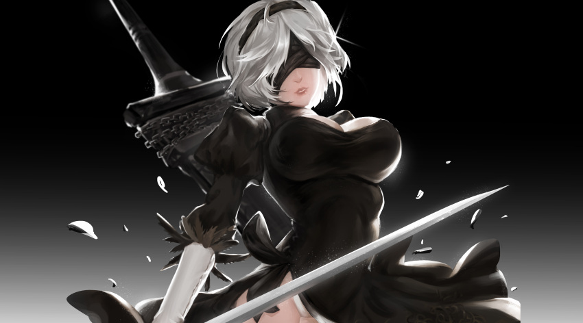 1girl absurdres black_dress black_hairband blindfold breasts claymore_(sword) cleavage_cutout covered_eyes dress feather-trimmed_sleeves hairband highleg highleg_leotard highres huge_weapon juliet_sleeves large_breasts leotard long_sleeves mao_ai_te_x_(feel-er) mole mole_under_mouth nier_(series) nier_automata pink_lips puffy_sleeves ribbed_dress side_slit solo sword vambraces weapon weapon_on_back white_leotard yorha_no._2_type_b