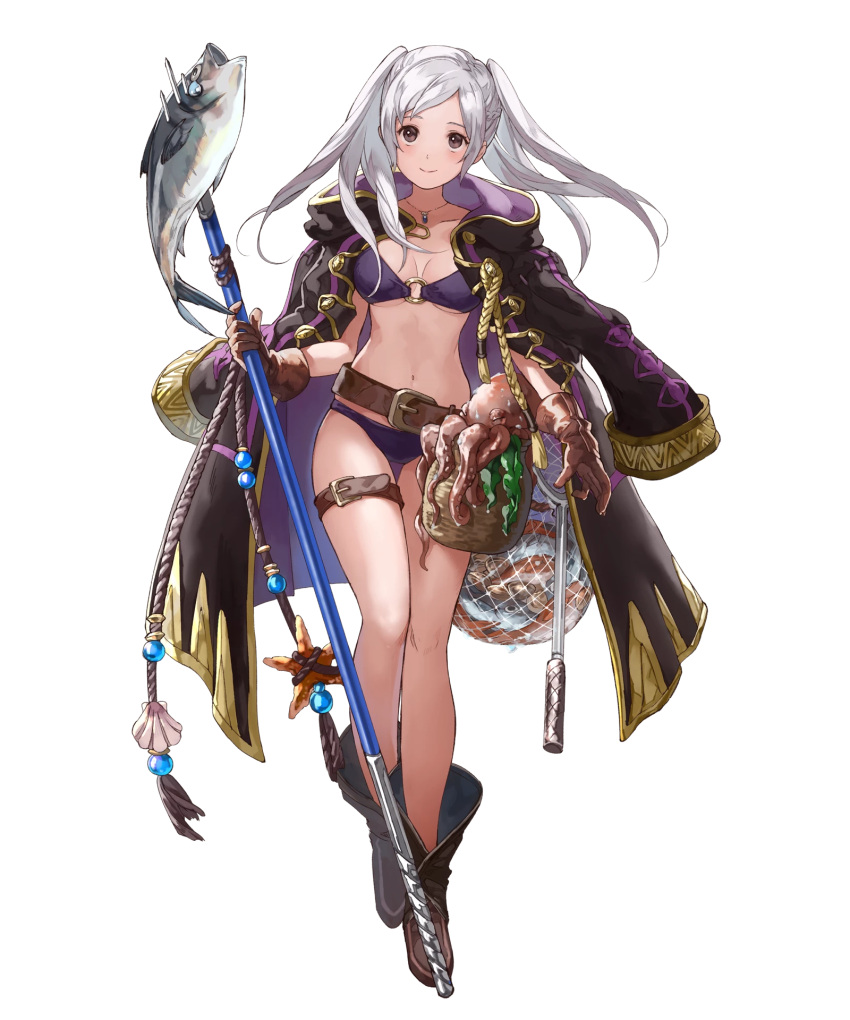 1girl belt bikini boots braid breasts brown_eyes cleavage coat crown_braid female_my_unit_(fire_emblem:_kakusei) fire_emblem fire_emblem:_kakusei fire_emblem_heroes fish full_body gloves highres holding holding_weapon intelligent_systems jewelry long_coat long_hair looking_at_viewer medium_breasts my_unit_(fire_emblem:_kakusei) navel necklace nintendo o-ring_bikini octopus official_art smile solo standing starfish swimsuit transparent_background weapon
