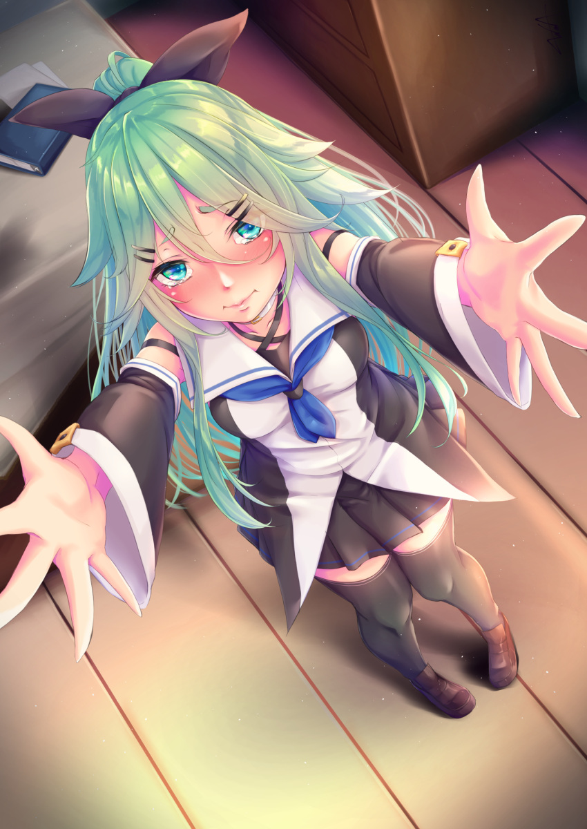 10s belt_collar blush book breasts detached_sleeves eyebrows_visible_through_hair green_eyes green_hair highres kantai_collection kurofude_anastasia loafers looking_at_viewer medium_breasts outstretched_arms pigeon-toed shoes tearing_up thigh-highs thighs wide_sleeves wooden_floor yamakaze_(kantai_collection)