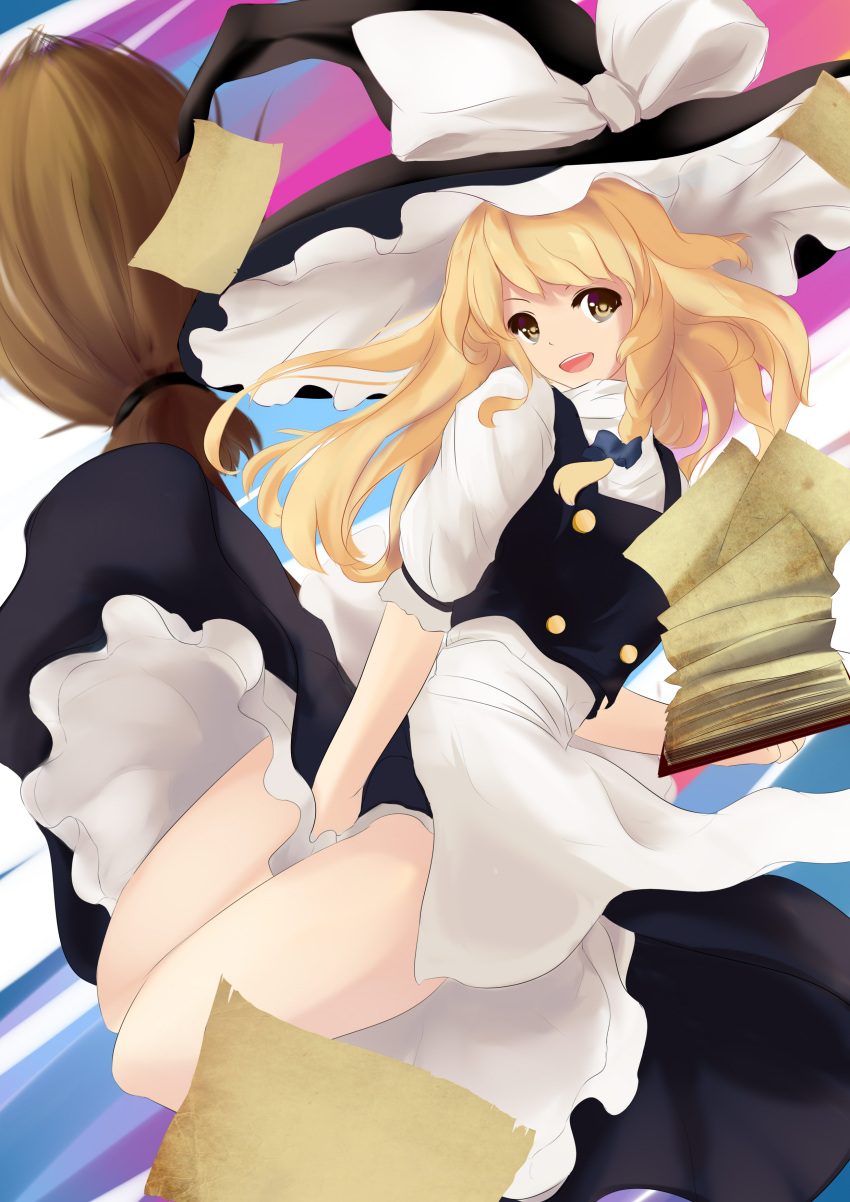1girl :d absurdres apron between_legs between_thighs blonde_hair book bow broom broom_riding brown_eyes hair_bow hair_ribbon hat hat_bow hat_ribbon highres hips kirisame_marisa long_hair open_mouth paper ribbon skirt skirt_set skirt_tug smile solo thighs touhou vest waist_apron wavy_hair witch_hat wuzhuang_caikuangche