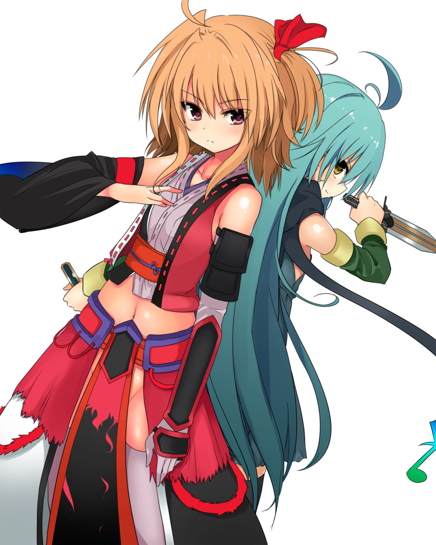 2girls ahoge antenna_hair arm_at_side arm_guards back-to-back bangs bare_shoulders black_legwear black_scarf blue_hair borrowed_character brown_hair closed_mouth collarbone commentary_request crossover dagger detached_sleeves elbow_gloves eyebrows_visible_through_hair gloves groin hair_between_eyes hair_ribbon hand_up highres holding holding_knife holding_weapon japanese_clothes knife loincloth long_hair looking_at_viewer looking_back mahcdai multiple_girls muramasa_(basa_rutan) musical_note navel obi one_side_up open_clothes open_vest original pink_eyes planol_note purple_gloves purple_legwear red_ribbon red_vest ribbon sash scar scar_across_eye scarf serious shiny shiny_hair shiny_skin short_hair simple_background single_glove single_sleeve standing straight_hair thigh-highs tsurime very_long_hair vest weapon white_background wide_sleeves wrist_guards yellow_eyes