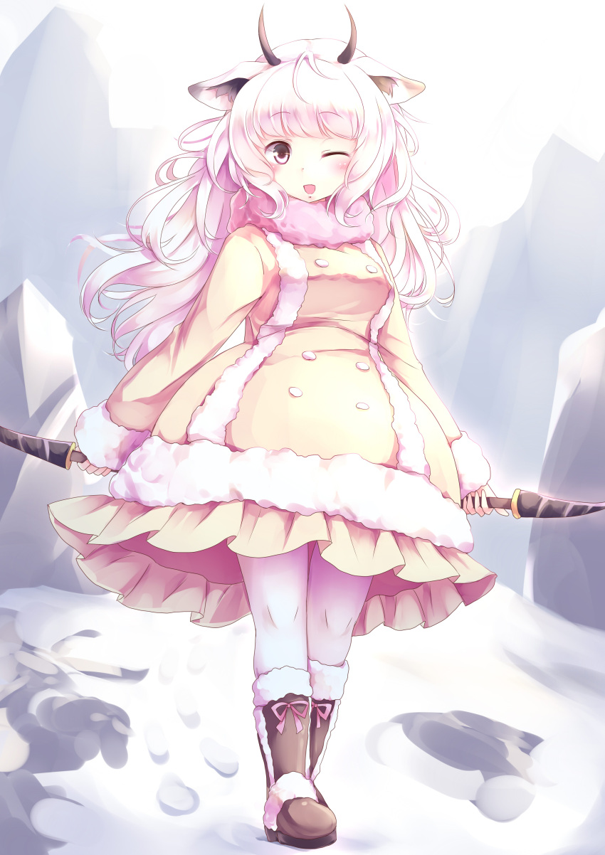 1girl absurdres animal_ears bangs blunt_bangs blush boots breasts brown_boots coat_dress dress footprints frilled_dress frills fur-trimmed_boots fur_trim highres holding holding_weapon horns kanzakietc kemono_friends long_sleeves looking_at_viewer mountain one_eye_closed open_mouth pink pink_clothes pink_eyes sheep_ears sheep_horns sidelocks smile snow snow_sheep_(kemono_friends) solo standing weapon white_legwear