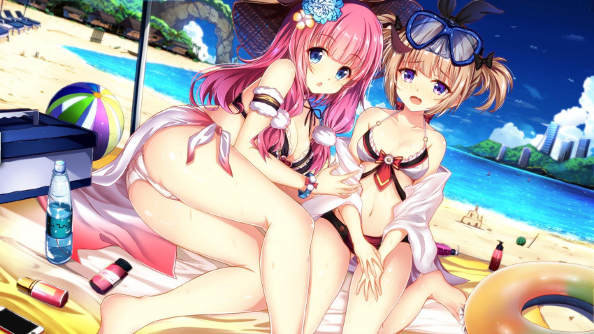 2girls animal armband ass ass_visible_through_thighs ball bangs beach beachball bikini bilan_hangxian bird black_bow black_ribbon blue_eyes blue_sky blunt_bangs blush bottle bow breasts brown_hair building cellphone character_request cleavage clouds collarbone commentary_request cooler day eyebrows_visible_through_hair eyes_visible_through_hair flower food fruit goggles goggles_on_head hair_bow hair_flower hair_ornament hair_ribbon highres innertube jianren looking_at_viewer lotion medium_breasts multiple_girls navel o-ring_bikini off_shoulder open_mouth outdoors palm_tree phone pink_hair ribbon sand_castle sand_sculpture shirt sitting sky skyscraper small_breasts smartphone sunscreen swimsuit towel tree twintails violet_eyes wariza water water_bottle watermelon wet white_shirt