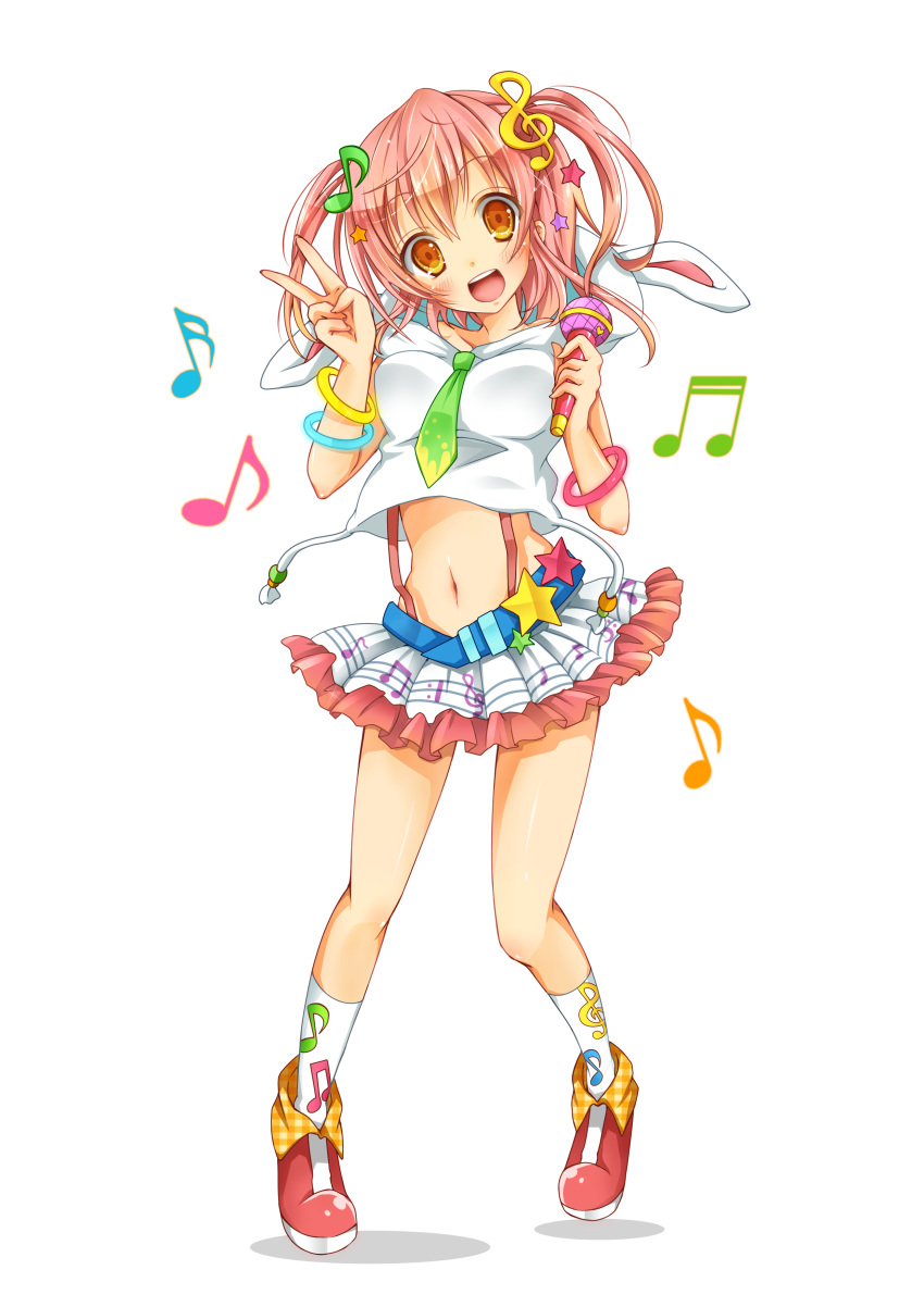 1girl absurdres blush breasts eyebrows_visible_through_hair full_body green_necktie highres holding holding_microphone kneehighs looking_at_viewer medium_breasts microphone midriff mohumohu-san musical_note musical_note_hair_ornament navel necktie open_mouth orange_eyes original pink_hair short_twintails skirt smile solo standing teeth transparent_background treble_clef twintails v white_legwear white_skirt