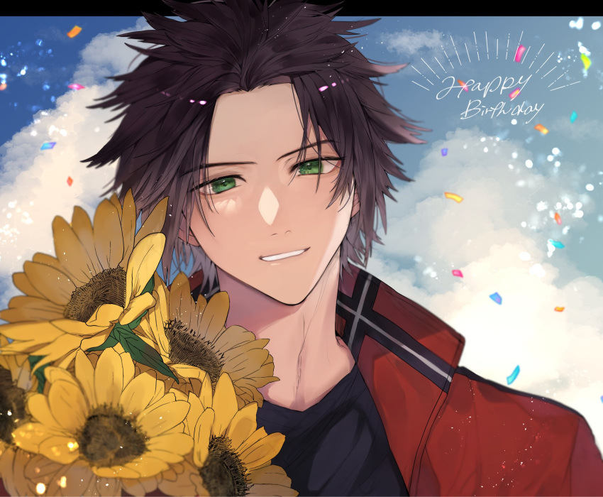 1boy arashiyama_jun arashiyama_squad's_uniform black_shirt brown_hair clouds cloudy_sky flower green_eyes happy_birthday highres holding holding_flower jacket looking_ahead looking_at_viewer open_clothes open_jacket red_jacket shimatori_(sanyyyy) shirt short_hair sky smile sunflower world_trigger