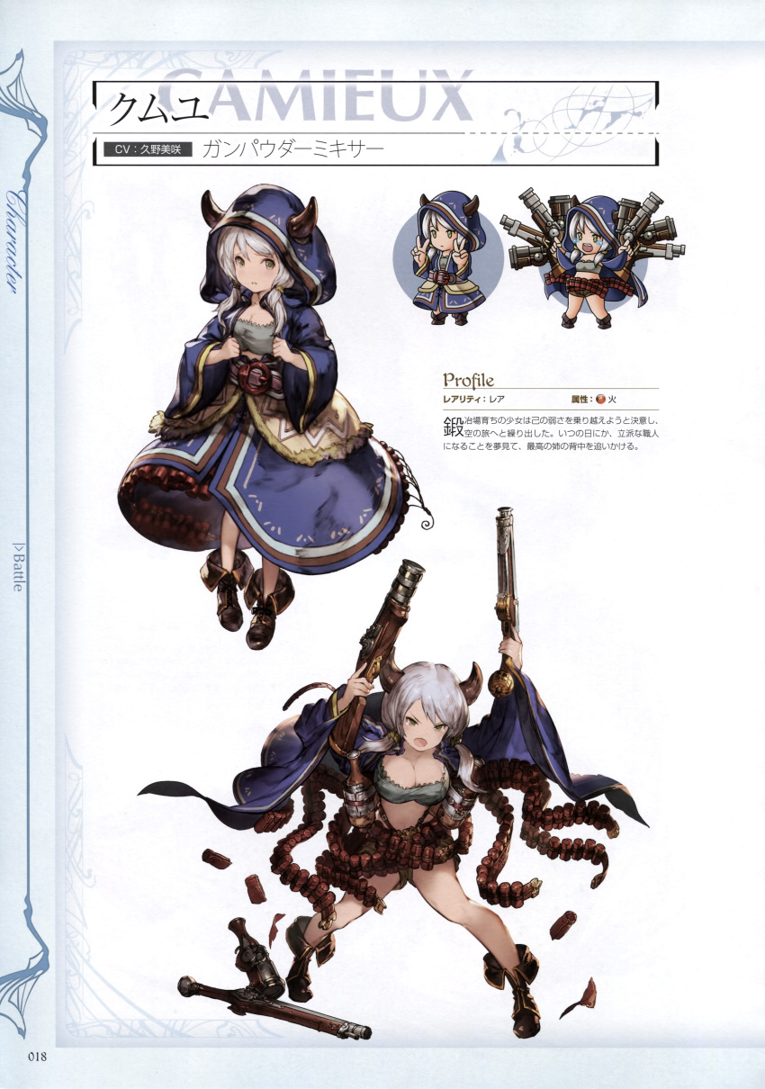 1girl absurdres ammunition ammunition_belt belt boots breasts character_name chibi cleavage collarbone doraf dress dual_wielding granblue_fantasy green_eyes grey_hair gun highres holding holding_weapon horns kumuyu large_breasts long_hair long_sleeves looking_at_viewer magazine_(weapon) midriff minaba_hideo official_art open_mouth pointy_ears scan shorts simple_background tank_top tears weapon wide_sleeves