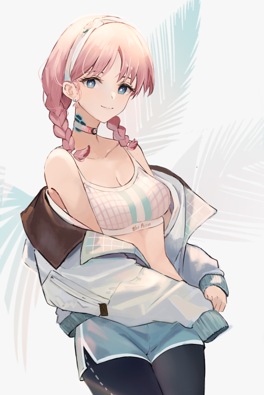 1girl absurdres arknights bangs bare_shoulders black_pants blue_eyes blue_poison_(arknights) blue_poison_(shoal_beat)_(arknights) blue_shorts braid breasts camisole commentary cowboy_shot crop_top ema_(kuguiema) grey_background hairband highres jacket leggings long_hair medium_breasts midriff navel off_shoulder open_clothes open_jacket pants pink_hair shorts solo spaghetti_strap sports_bra standing stomach twin_braids white_jacket
