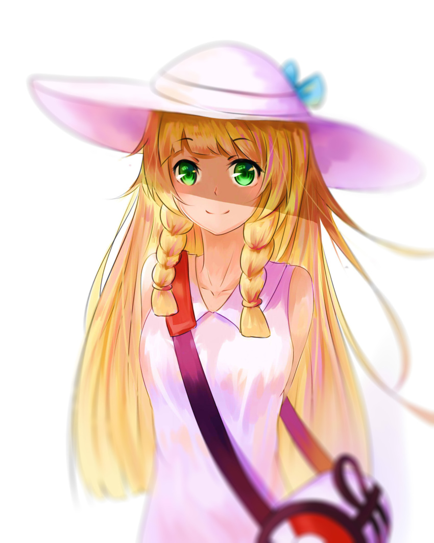 1girl arms_behind_back bag bangs bare_shoulders blonde_hair blue_bow blunt_bangs blurry bow braid breasts closed_mouth collarbone collared_dress depth_of_field dress duffel_bag eyebrows_visible_through_hair green_eyes hat hat_bow highres lillie_(pokemon) long_hair looking_at_viewer medium_breasts milu_(pixiv8523021) poke_ball_theme pokemon pokemon_(game) pokemon_sm sleeveless sleeveless_dress smile solo sun_hat sundress twin_braids upper_body white_dress white_hat