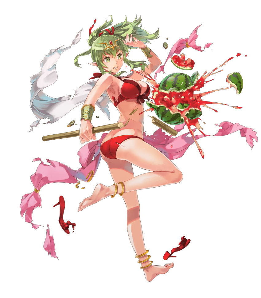 1girl ass barefoot bikini breasts butt_crack chiki cleavage feet fire_emblem fire_emblem:_kakusei fire_emblem_heroes green_hair highres official_art pointy_ears shoes_removed solo transparent_background
