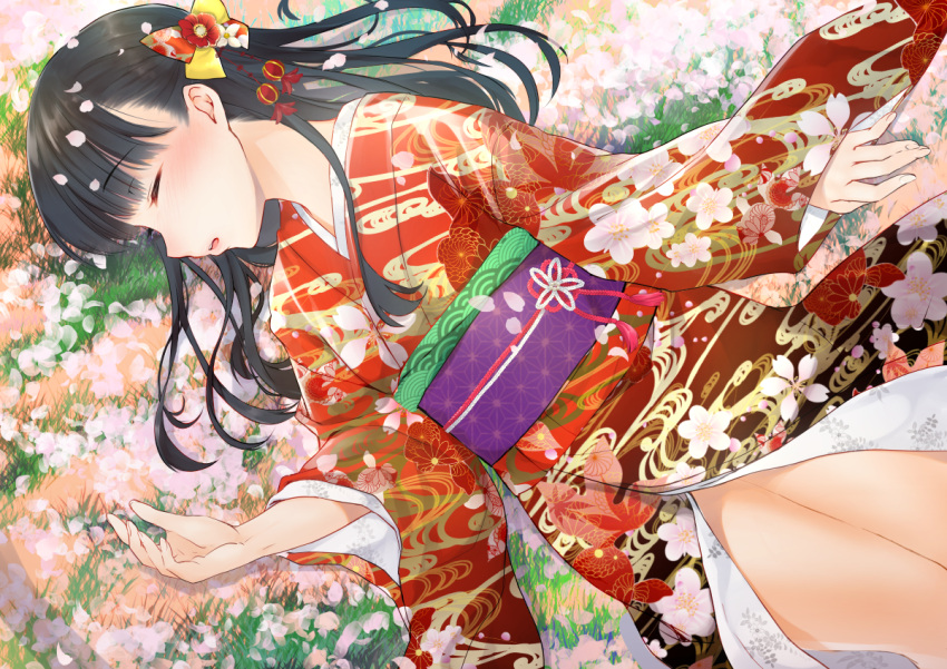 1girl 31_(poping31) arms_at_sides bangs bare_legs black_hair blunt_bangs closed_eyes commentary_request cowboy_shot field floral_print flower flower_field from_above grass hair_ornament head_tilt japanese_clothes kimono lips long_hair long_sleeves lying obi on_back original parted_lips red_kimono sash sidelocks sleeping wide_sleeves