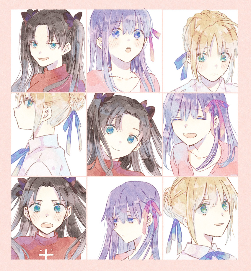 3girls ahoge artoria_pendragon_(fate) black_hair black_ribbon blonde_hair blue_eyes blue_ribbon blush border braid closed_eyes collared_shirt commentary cross_print double-parted_bangs expressions fate/stay_night fate_(series) flustered hair_between_eyes hair_ribbon highres jacket looking_at_viewer looking_down looking_to_the_side looking_up machi_(uqyjee) matou_sakura medium_hair multiple_girls neck_ribbon open_mouth parted_bangs pink_border pink_jacket pink_ribbon purple_hair red_shirt ribbon saber shirt sidelocks smile smug tohsaka_rin twintails white_background white_shirt