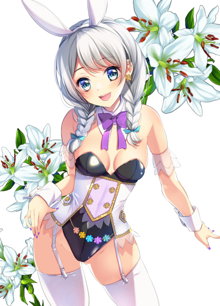 1girl :d animal_ears ass_visible_through_thighs bang_dream! bangs black_leotard blue_bow blue_eyes blush bow bowtie braid breasts commentary_request cowboy_shot detached_collar earrings eyebrows_visible_through_hair fake_animal_ears flower flower_earrings garter_straps groin hair_bow hairband hand_on_hip head_tilt highleg highleg_leotard highres jewelry leotard lily_(flower) looking_at_viewer low_twin_braids medium_breasts medium_hair nail_polish open_mouth playboy_bunny purple_nails purple_neckwear rabbit_ears shadow silver_hair simple_background skindentation smile solo standing strapless strapless_leotard stud_earrings thigh-highs tsurugi_hikaru twin_braids upper_teeth wakamiya_eve white_background white_hair white_legwear wrist_cuffs