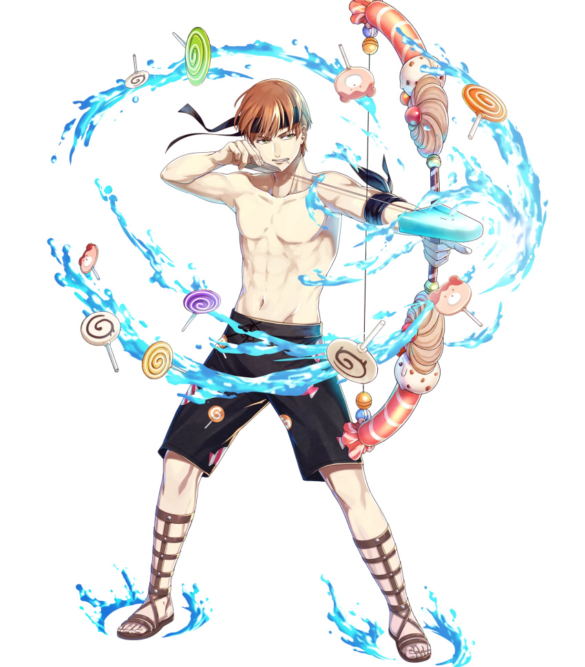 1boy alternate_costume arrow bow_(weapon) candy candy_print drawing_bow fire_emblem fire_emblem:_kakusei fire_emblem_heroes food food_in_mouth full_body gaia_(fire_emblem) green_eyes hako_ichiiro highres lollipop male_focus male_swimwear official_art popsicle redhead sandals solo swim_trunks swimwear transparent_background water weapon wide_stance