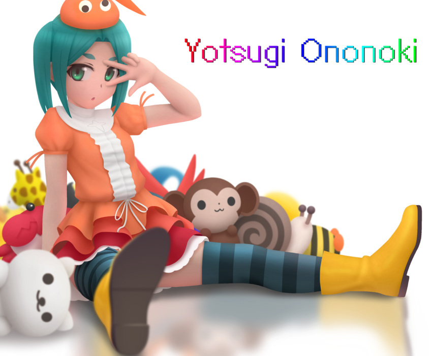 1girl blurry boots character_name commentary_request depth_of_field dress green_eyes green_hair hat layered_dress looking_at_viewer monogatari_(series) ononoki_yotsugi orange_dress puffy_short_sleeves puffy_sleeves short_hair short_sleeves siraha sitting solo striped striped_legwear stuffed_animal stuffed_crab stuffed_monkey stuffed_snail stuffed_toy thick_eyebrows thigh-highs v_over_eye