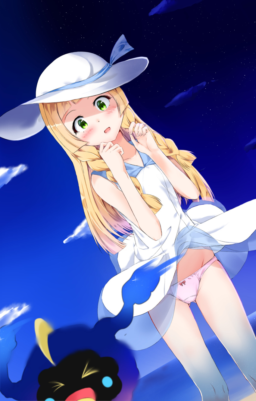 &gt;_&lt; 1girl anemone_noa bangs bare_shoulders beach blonde_hair blue_ribbon blunt_bangs blush bow bow_panties braid breasts closed_eyes clouds collarbone collared_dress commentary_request cosmog cowboy_shot dress dress_lift dutch_angle green_eyes groin hat hat_ribbon highres lillie_(pokemon) long_hair looking_at_viewer night night_sky ocean open_mouth outdoors panties pink_panties pokemon pokemon_(creature) pokemon_(game) pokemon_sm ribbon sand see-through sky sleeveless sleeveless_dress small_breasts standing star_(sky) sun_hat sundress twin_braids underwear white_dress white_hat