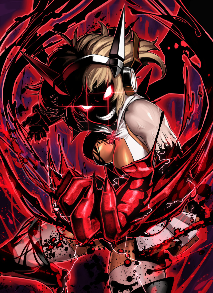 1girl absurdres bare_shoulders berserker_rage bodysuit boots breasts brown_hair clenched_teeth commentary_request diffraction_spikes energy fingernails glowing glowing_eyes headgear highres looking_at_viewer medium_breasts orange_eyes red_eyes ryu0120 senki_zesshou_symphogear shiny shiny_clothes short_hair skirt solo tachibana_hibiki_(symphogear) teeth toned veins