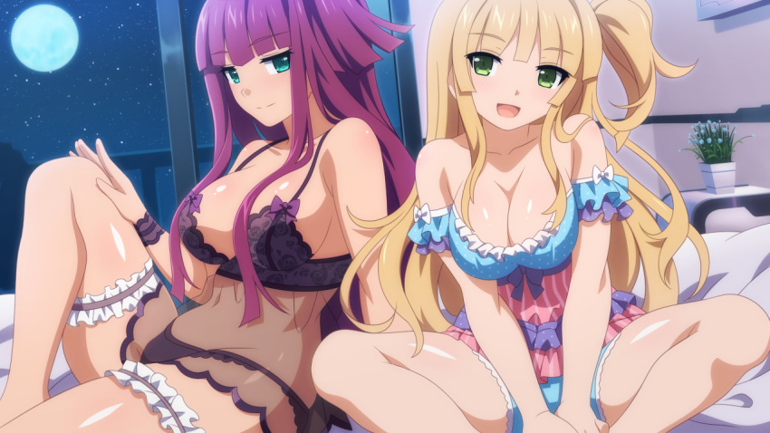 2girls :d bangs bare_shoulders bed black_bra black_panties blunt_bangs blush bow bra breasts cleavage closed_mouth collarbone dutch_angle eyebrows_visible_through_hair frills full_moon game_cg green_eyes hand_on_own_knee head_tilt indoors large_breasts leg_garter long_hair looking_at_viewer moegihara_arisa moon multiple_girls night on_bed one_side_up open_mouth own_hands_together panties plant potted_plant purple_bow purple_hair sakura_nova setsuna_kaguya sitting sky smile spread_legs star_(sky) starry_sky underwear underwear_only v_arms very_long_hair wanaca white_bow