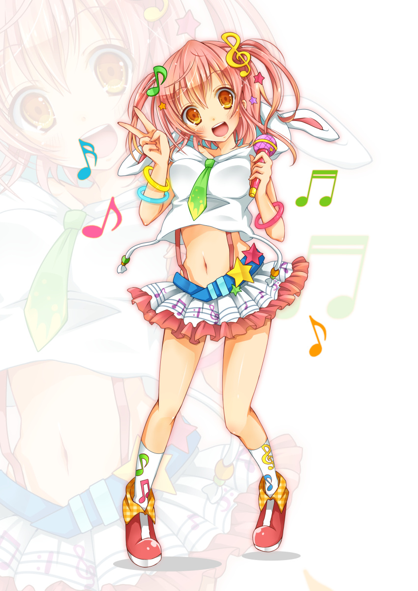 1girl absurdres blush breasts eyebrows_visible_through_hair full_body green_necktie highres holding holding_microphone kneehighs looking_at_viewer medium_breasts microphone midriff mohumohu-san musical_note musical_note_hair_ornament navel necktie open_mouth orange_eyes original pink_hair short_twintails skirt smile solo standing teeth transparent_background treble_clef twintails v white_legwear white_skirt
