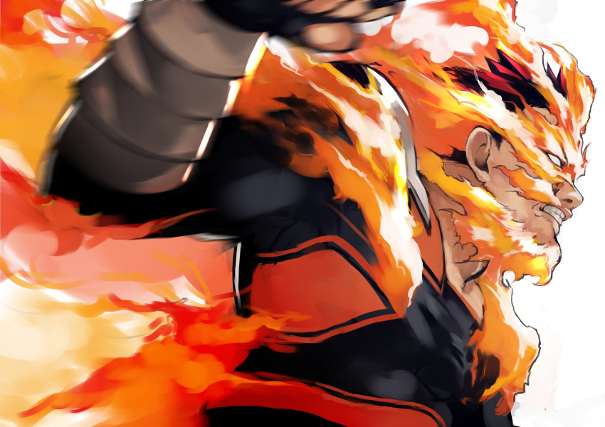 1boy beard bodysuit boku_no_hero_academia clenched_teeth facial_hair fiery_hair fire highres male_focus manly muscular muscular_male mustache nose pectorals simple_background solo superhero teeth todoroki_enji white_background yoshio_(55level)