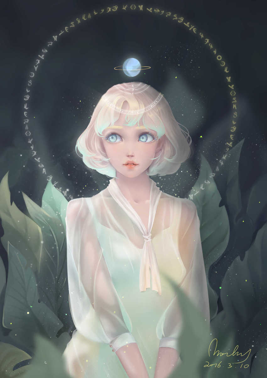 1girl absurdres blonde_hair blue_eyes dated facing_viewer halo highres leaf mochy planet see-through short_hair side_glance signature upper_body