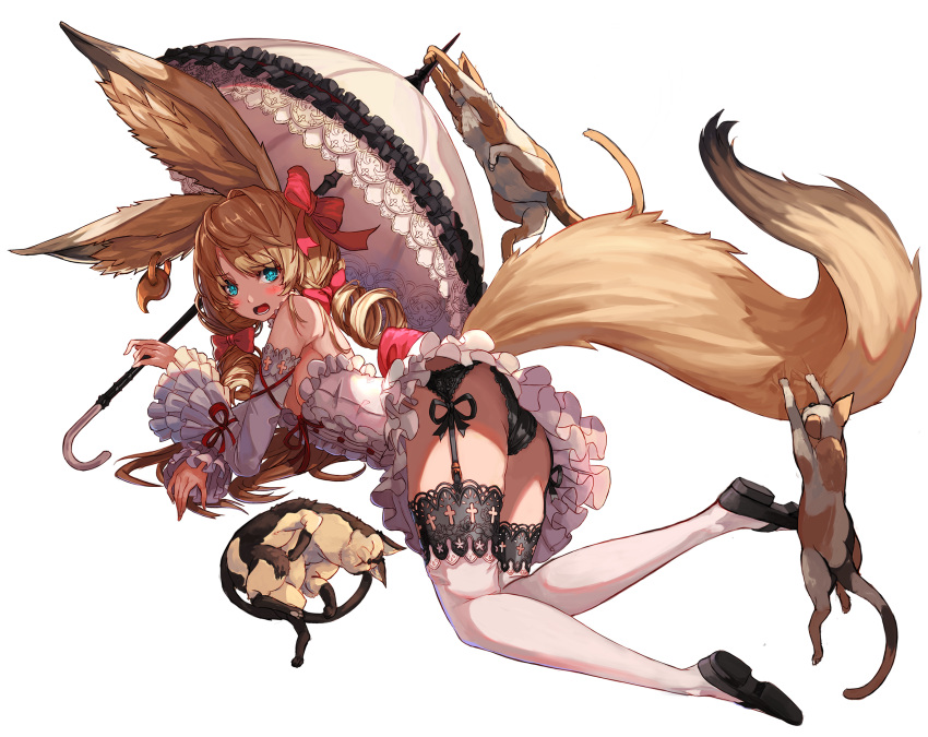 1girl animal animal_ears ass bare_shoulders black_panties black_ribbon black_shoes blonde_hair blue_eyes blush bow breasts cat commentary_request curly_hair detached_sleeves dress ear_piercing eyebrows_visible_through_hair frilled_dress frilled_sleeves frills full_body garter_belt hair_bow highres holding holding_umbrella large_ears long_hair looking_at_viewer lying on_side open_mouth original panties piercing pink_bow qbspdl red_ribbon ribbon shoes simple_background small_breasts star star-shaped_pupils symbol-shaped_pupils tail thigh-highs twintails umbrella underwear white_background white_dress white_legwear wide_sleeves