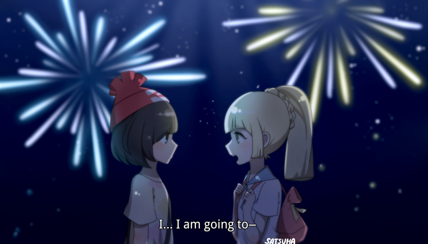 2girls blush confession english fireworks from_side highres lillie_(pokemon) looking_at_another mizuki_(pokemon_sm) multiple_girls night night_sky pokemon pokemon_(game) pokemon_sm sky text yuri