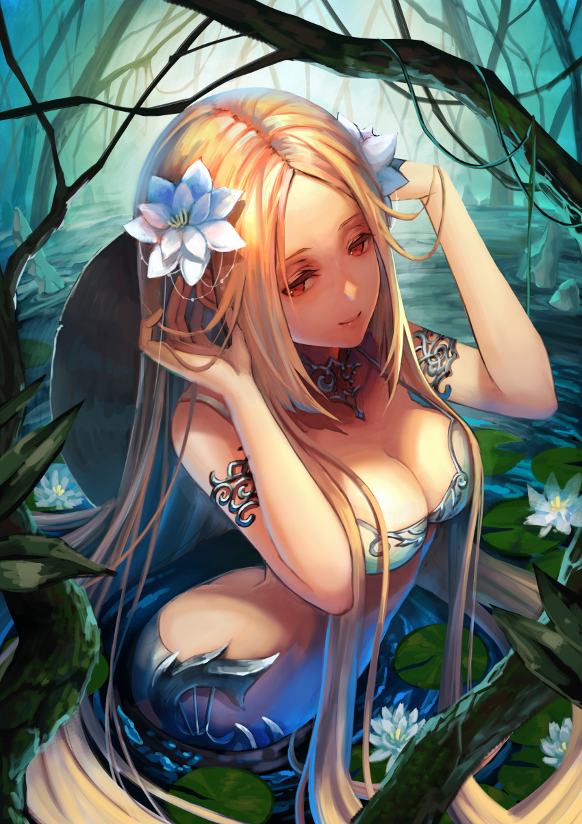 1girl absurdres armlet bare_tree bikini_top blonde_hair breasts butt_crack cleavage closed_mouth day eyelashes flower from_above hair_flower hair_ornament hands_in_hair highres jewelry lily_pad long_hair medium_breasts necklace original outdoors palms red_eyes rock smile solo spaghetti_strap strap_gap tamarashi tree upper_body very_long_hair wading water water_surface white_bikini_top white_flower