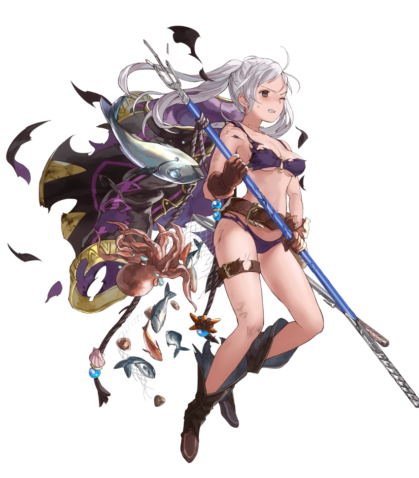 1girl bare_shoulders belt bikini boots braid breasts brown_eyes coat crown_braid female_my_unit_(fire_emblem:_kakusei) fire_emblem fire_emblem:_kakusei fire_emblem_heroes fish full_body gloves highres holding holding_weapon long_hair my_unit_(fire_emblem:_kakusei) o-ring_bikini octopus official_art one_eye_closed polearm solo swimsuit transparent_background trident twintails weapon white_hair