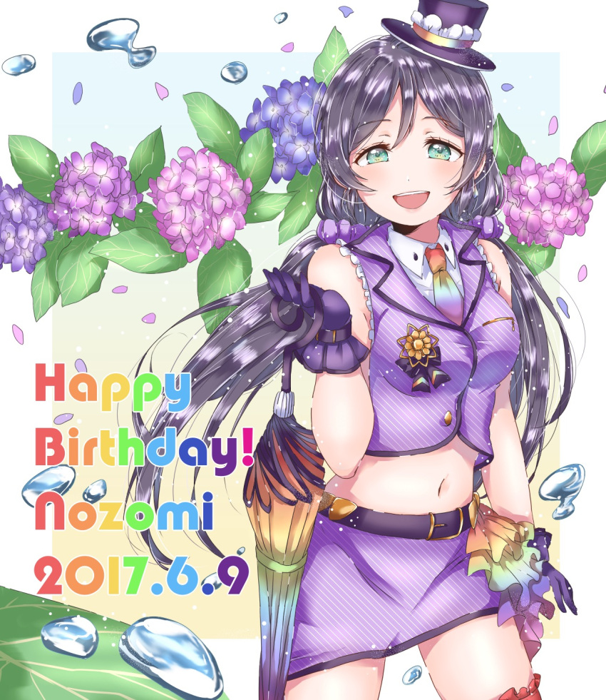1girl beltskirt blush character_name closed_umbrella eyebrows_visible_through_hair flower gloves green_eyes happy_birthday highres holding holding_umbrella hydrangea kaisou_(0731waka) long_hair looking_at_viewer love_live! love_live!_school_idol_project navel open_mouth purple_gloves purple_hair purple_skirt skirt smile solo toujou_nozomi twintails umbrella