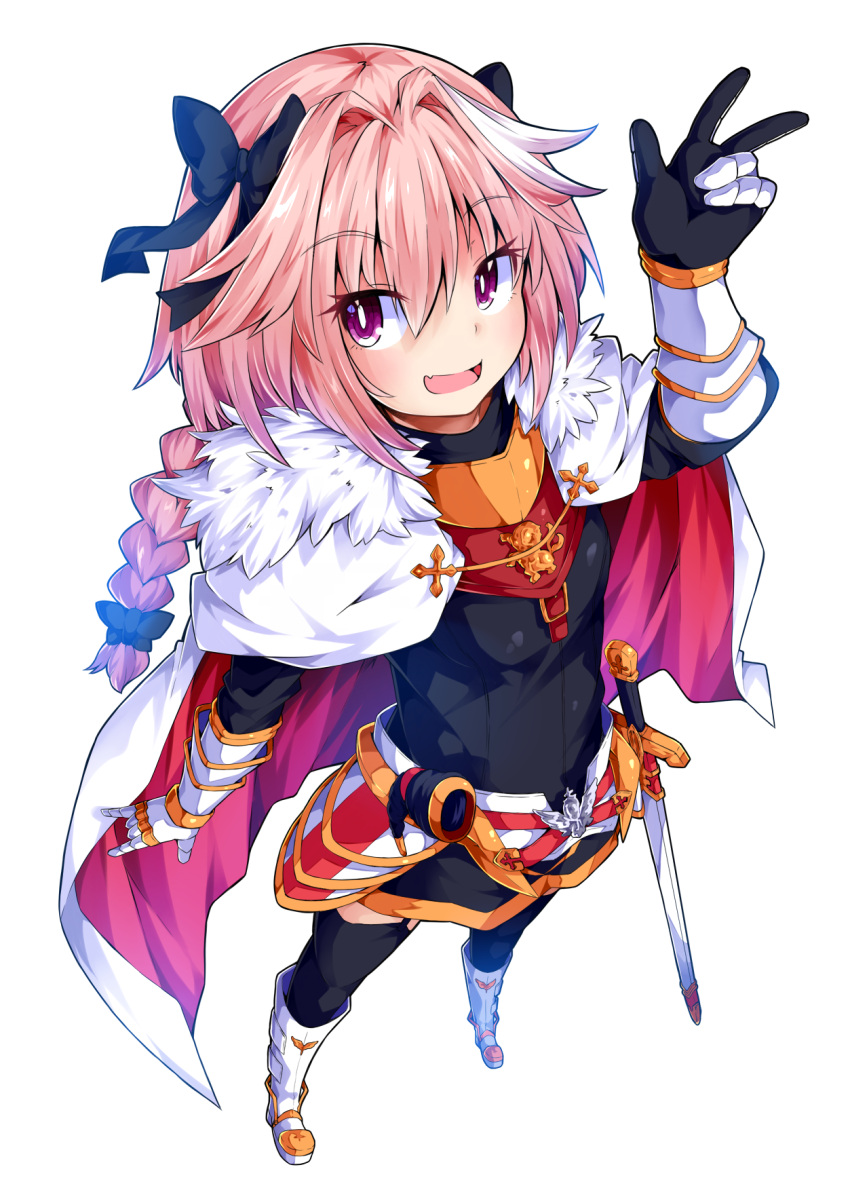 1boy armor boots fate/grand_order fate_(series) highres ishimu knee_boots long_hair multicolored_hair otoko_no_ko pink_hair rider_of_black sheath sheathed solo sword transparent_background trap two-tone_hair v weapon white_boots white_hair