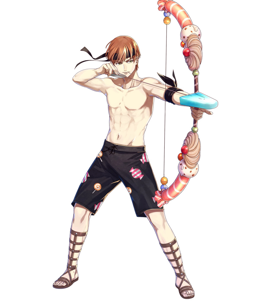 1boy alternate_costume arrow bow_(weapon) candy candy_print drawing_bow fire_emblem fire_emblem:_kakusei fire_emblem_heroes food food_in_mouth full_body gaia_(fire_emblem) green_eyes hako_ichiiro highres lollipop male_focus male_swimwear official_art popsicle redhead sandals solo swim_trunks swimwear transparent_background weapon wide_stance