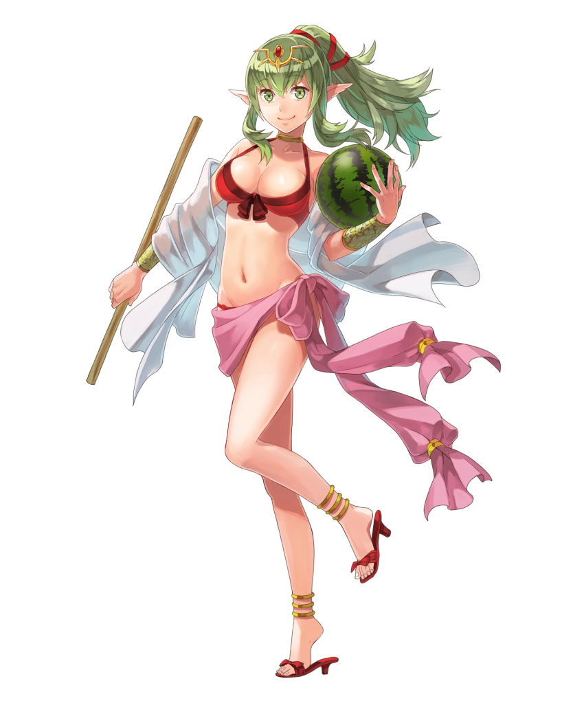 1girl breasts chiki cleavage feet fire_emblem fire_emblem:_kakusei fire_emblem_heroes green_hair highres large_breasts navel pointy_ears solo toes transparent_background