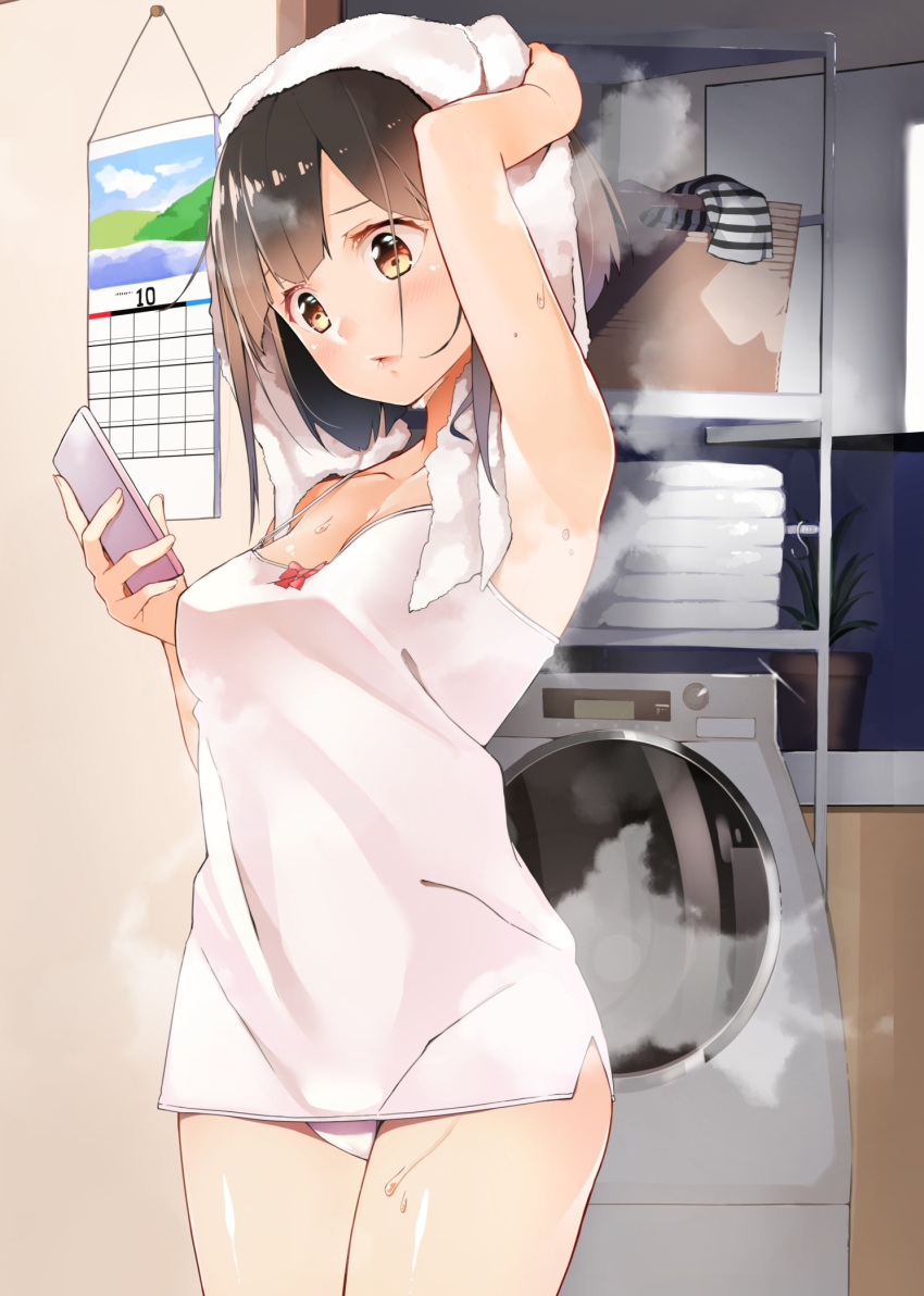 1girl arm_up armpits bangs bare_arms black_hair blurry blush bow breasts brown_eyes brown_hair byte_(allbyte) calendar calendar_(object) camisole cellphone clothes_removed collarbone cowboy_shot depth_of_field drying_hair hand_on_own_head highres holding holding_phone indoors laundry_basket lips looking_at_phone looking_at_viewer looking_down medium_breasts no_pants panties parted_lips phone plant potted_plant red_bow revision shiny shiny_hair sleeveless smartphone solo standing steam strap_gap striped towel towel_on_head underwear wall washing_machine wet white_panties