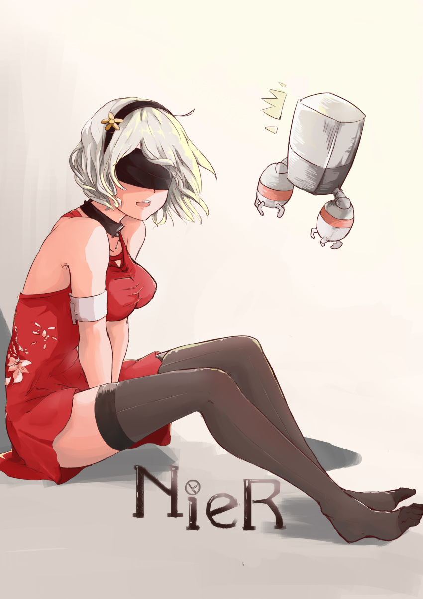 /\/\/\ 1girl 2b absurdres alternate_costume armband arms_between_legs bare_shoulders black_legwear blindfold breasts collar copyright_name grey_hair highres medium_breasts nier_(series) nier_automata pod_(nier_automata) short_hair sketch solo thigh-highs v_arms white_background worini yorha_no._2_type_b