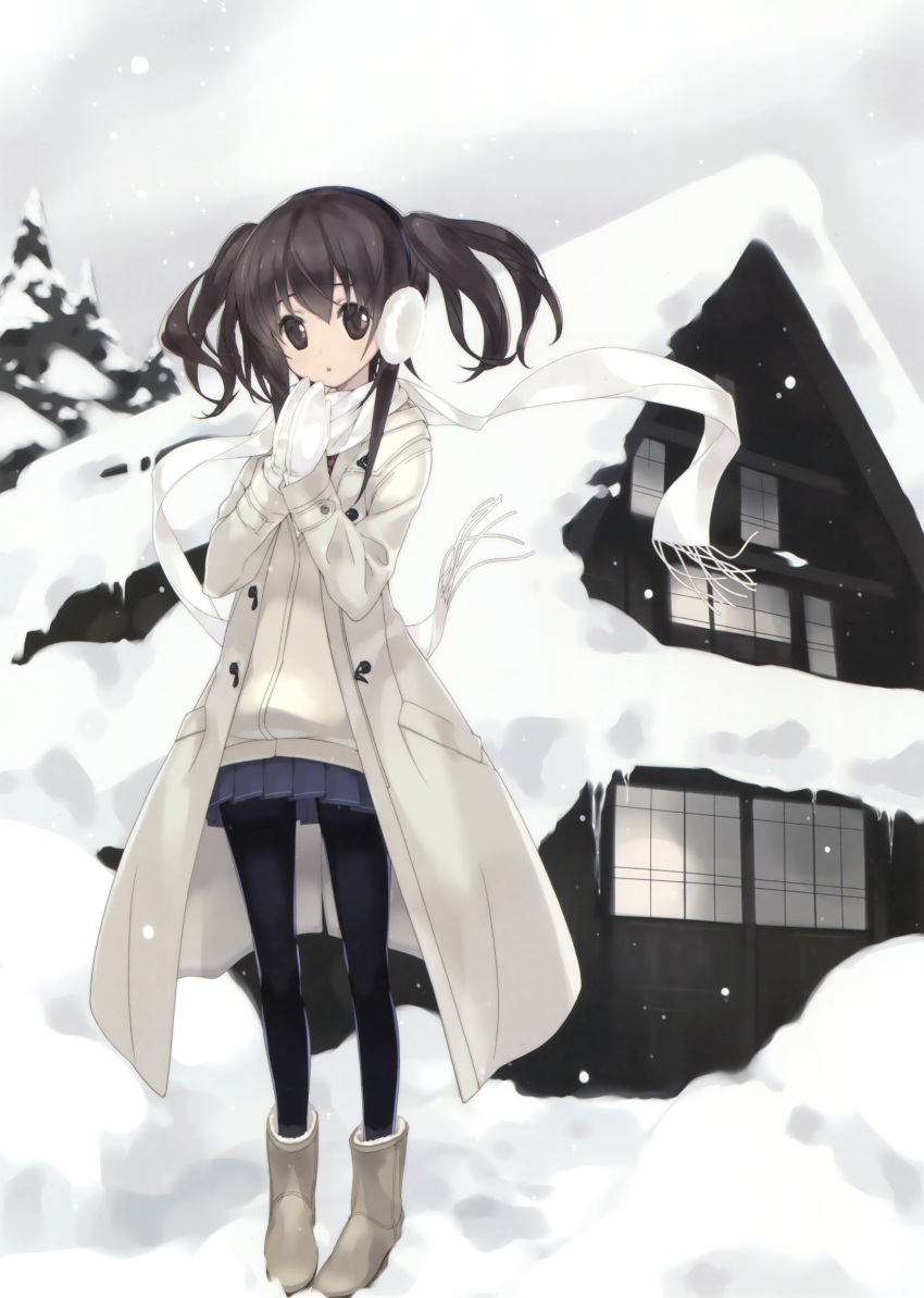 1girl absurdres artist_request beige_boots black_legwear blue_skirt blush brown_hair coat earmuffs head_tilt highres house long_hair long_sleeves looking_at_viewer mittens open_clothes open_coat original outdoors own_hands_together pantyhose parted_lips pigeon-toed pleated_skirt scan scarf skirt snow snowing solo standing tree twintails white_coat white_scarf