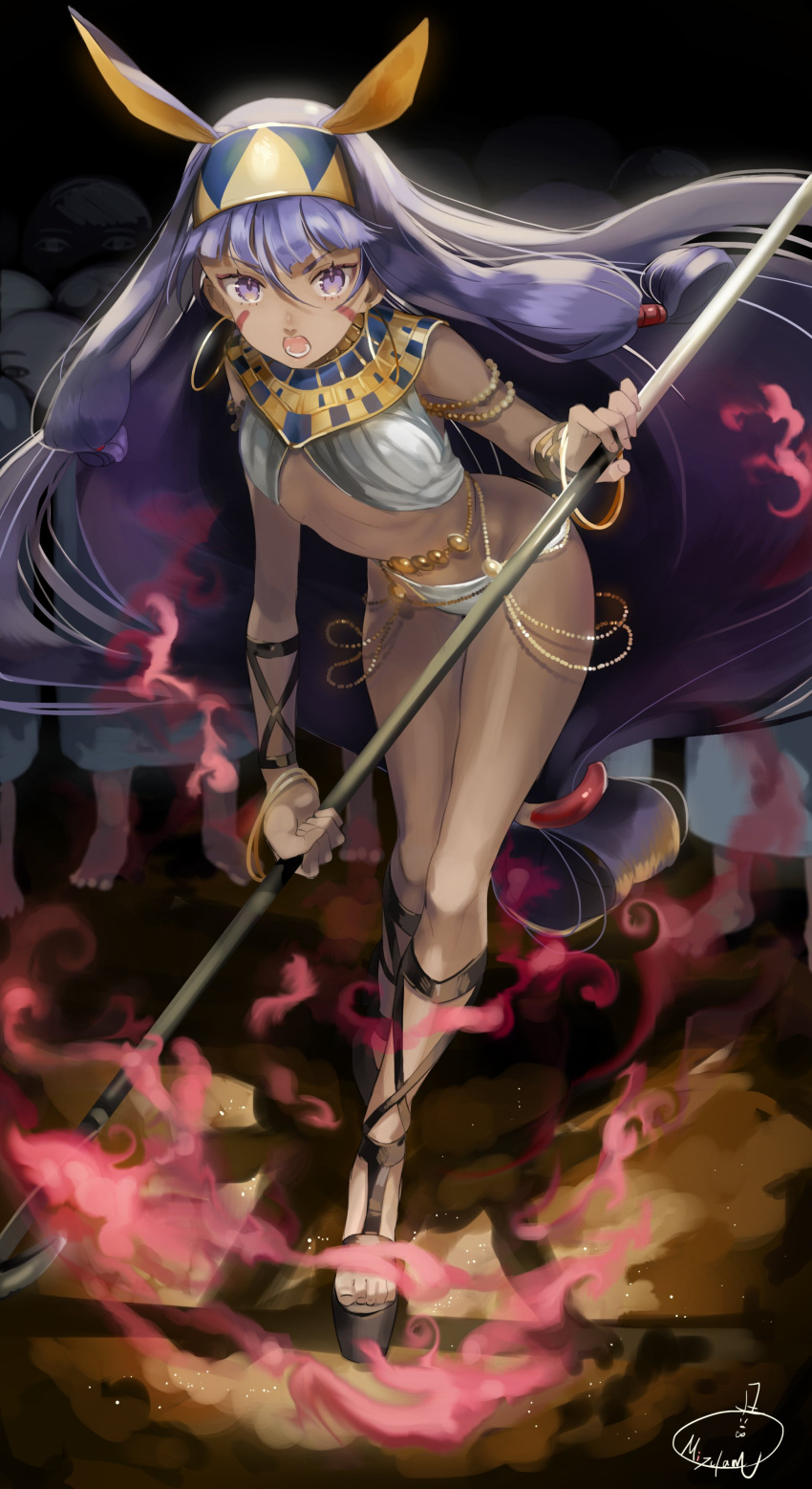 1girl absurdres animal_ears black_background bracelet dark_skin earrings egyptian egyptian_clothes facial_mark fate/grand_order fate_(series) full_body hairband highres hoop_earrings jewelry leaning_forward long_hair looking_at_viewer medjed mizutame_tori nitocris_(fate/grand_order) polearm purple_hair revealing_clothes sidelocks signature solo spear standing very_long_hair violet_eyes weapon