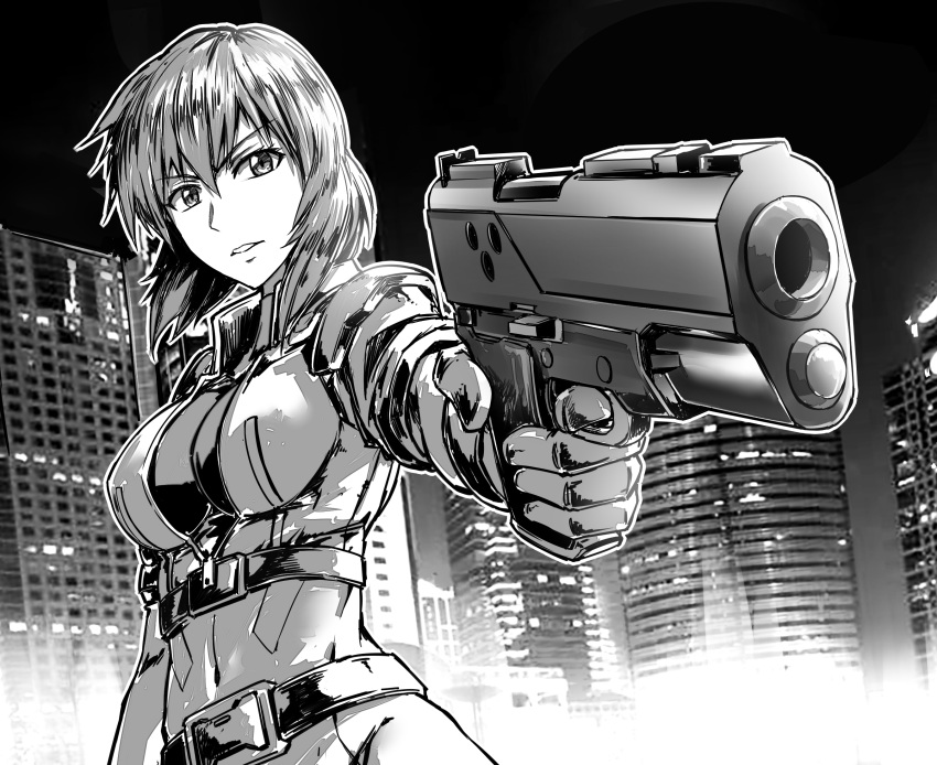 1girl a4typhoon aiming building ghost_in_the_shell ghost_in_the_shell_stand_alone_complex gloves greyscale gun handgun highres kusanagi_motoko medium_hair midriff monochrome navel parted_lips photo_background solo weapon