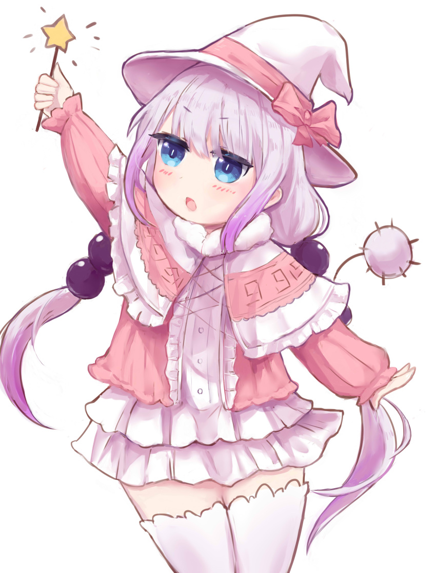 1girl absurdres arm_up artist_request beads blue_eyes bow capelet hair_beads hair_ornament hat hat_bow hat_ribbon highres kanna_kamui kobayashi-san_chi_no_maidragon lavender_hair long_hair open_mouth ribbon simple_background skirt solo tail thigh-highs wand white_background white_legwear