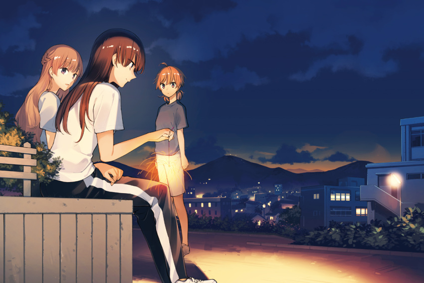 3girls ahoge black_hair brown_hair building clouds cover fireworks hand_on_own_thigh house koito_yuu lamppost long_hair looking_at_another mountain multiple_girls nakatani nanami_touko night saeki_sayaka scenery short_hair sitting smile sparkler sportswear standing sunset twintails yagate_kimi_ni_naru