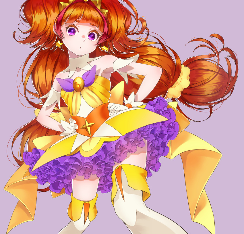 1girl absurdres amanogawa_kirara bare_shoulders choker cure_twinkle earrings gloves go!_princess_precure highres jewelry long_hair looking_at_viewer magical_girl multicolored_hair orange_hair precure redhead simple_background solo star star_earrings thigh-highs twintails two-tone_hair violet_eyes white_gloves yupiteru