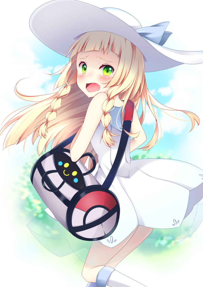 1girl bag bangs bare_shoulders blonde_hair blue_ribbon blue_sky blunt_bangs blush braid breasts clouds collared_dress commentary_request cosmog day dress duffel_bag from_behind green_eyes hair_tie hat hat_ribbon highres in_bag in_container kneehighs lillie_(pokemon) long_hair looking_at_viewer looking_back open_mouth poke_ball_theme pokemon pokemon_(game) pokemon_sm ribbon see-through sisterakuma sky sleeveless sleeveless_dress small_breasts standing standing_on_one_leg sun_hat sundress teardrop tearing_up twin_braids white_dress white_hat white_legwear