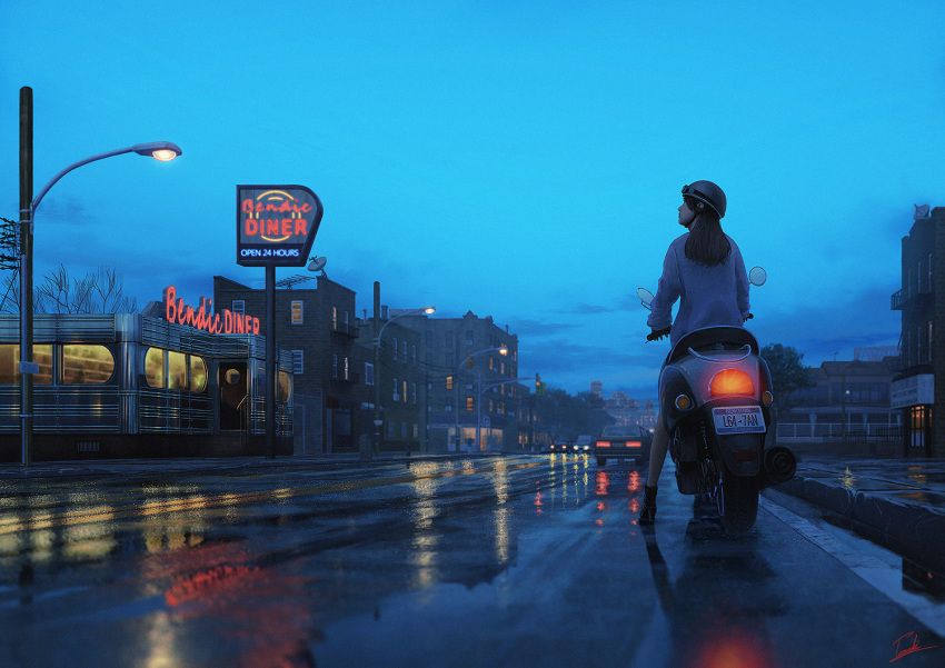 1girl black_hair blue_sky building cat city clouds cloudy_sky diner door evening from_behind ground_vehicle jacket light long_hair motor_vehicle motorcycle new_york on_vehicle original outdoors power_lines radio_antenna realistic reflection restaurant revision road satellite_dish sky solo standing street tamaki_(tamaki_illust) telephone_pole wet white_jacket window